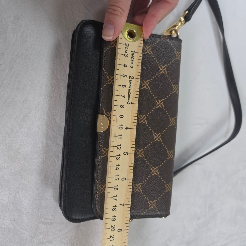 Nine West Brown Black Monogram Logo Crossbody Bag Wallet on Chain Gold Hardware - Picture 6 of 7
